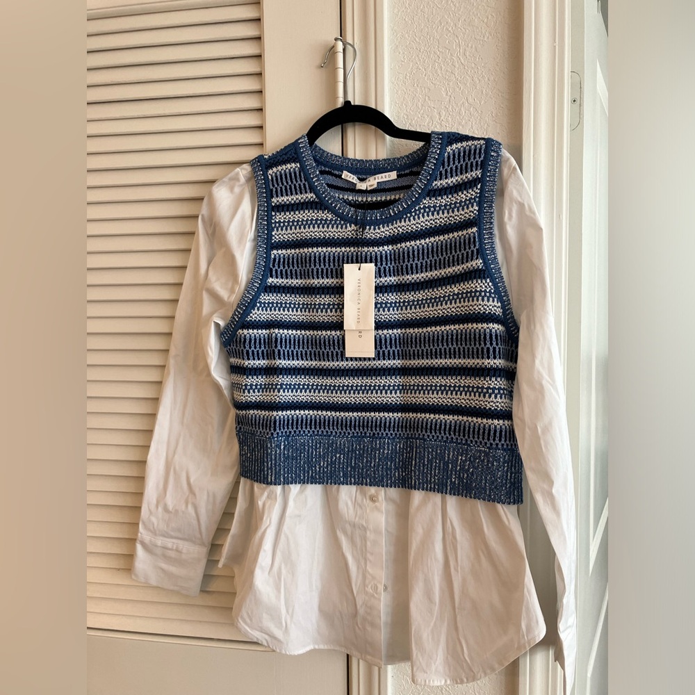 Veronica Beard blue sweater vest/white blouse combo